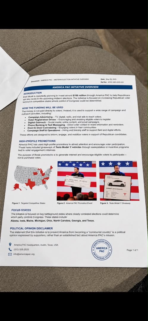 Photograph of an America PAC midterm election initiative overview document