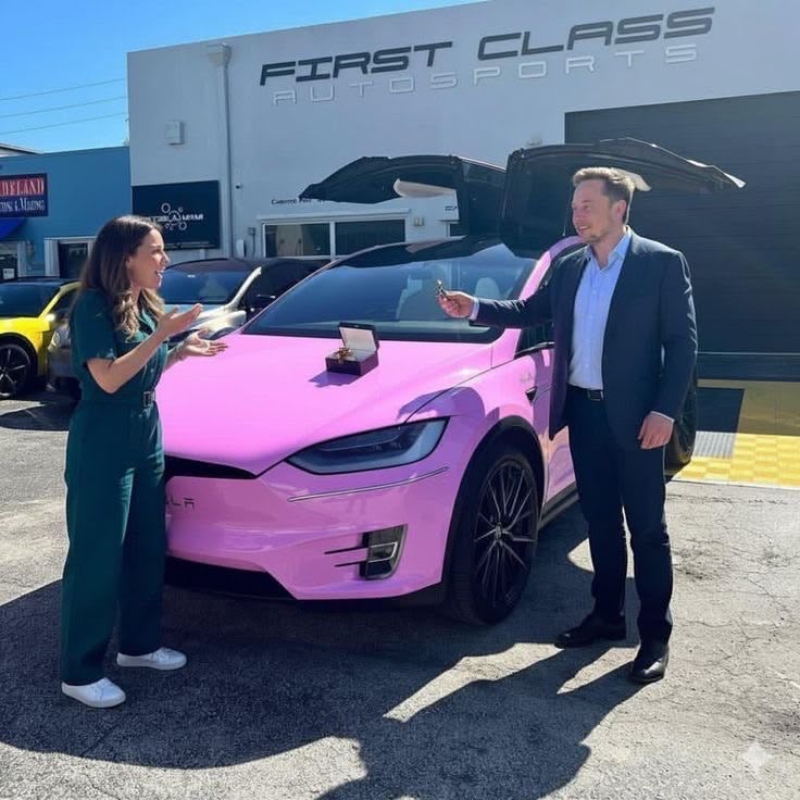 Two people standing beside a pink Tesla outside a showroom